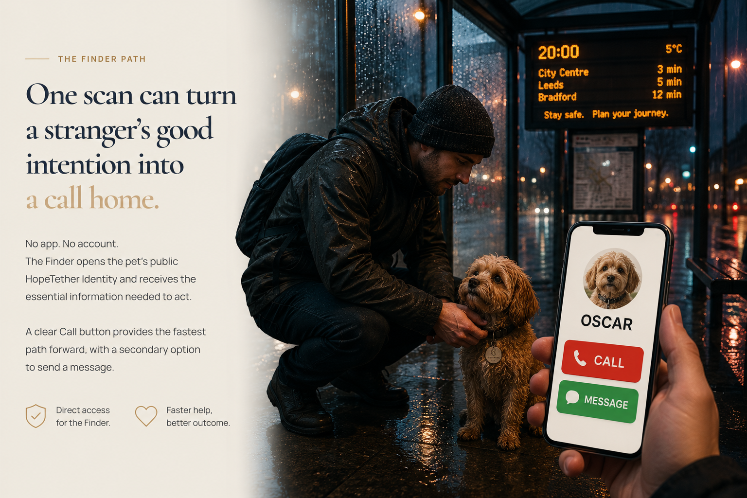 Finder scanning a HopeTether Tag at a rainy UK bus stop and seeing OSCAR with CALL and MESSAGE options