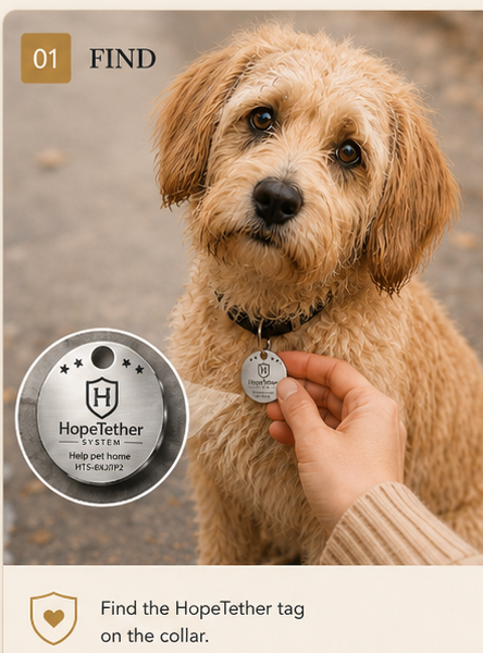 FIND — the HopeTether Tag on the animal's collar