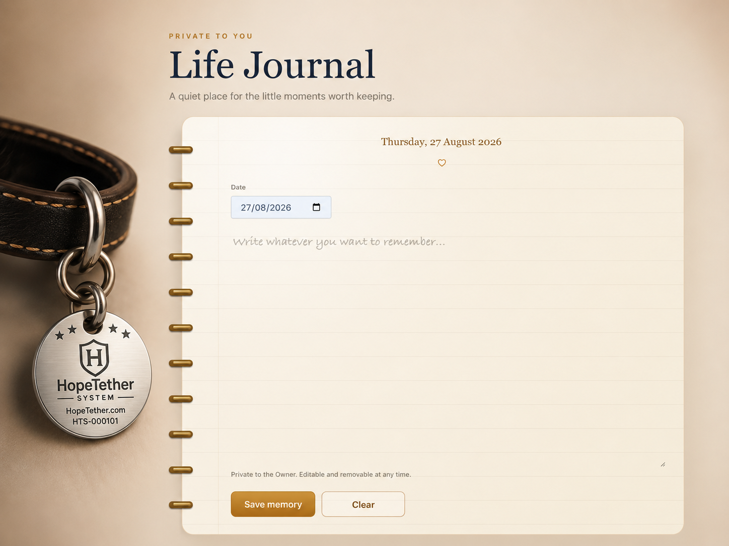 HopeTether Life Journal interface connected to a pet Identity