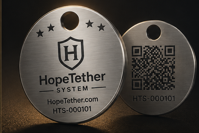 The real silver HopeTether Tag showing the identity face and QR face