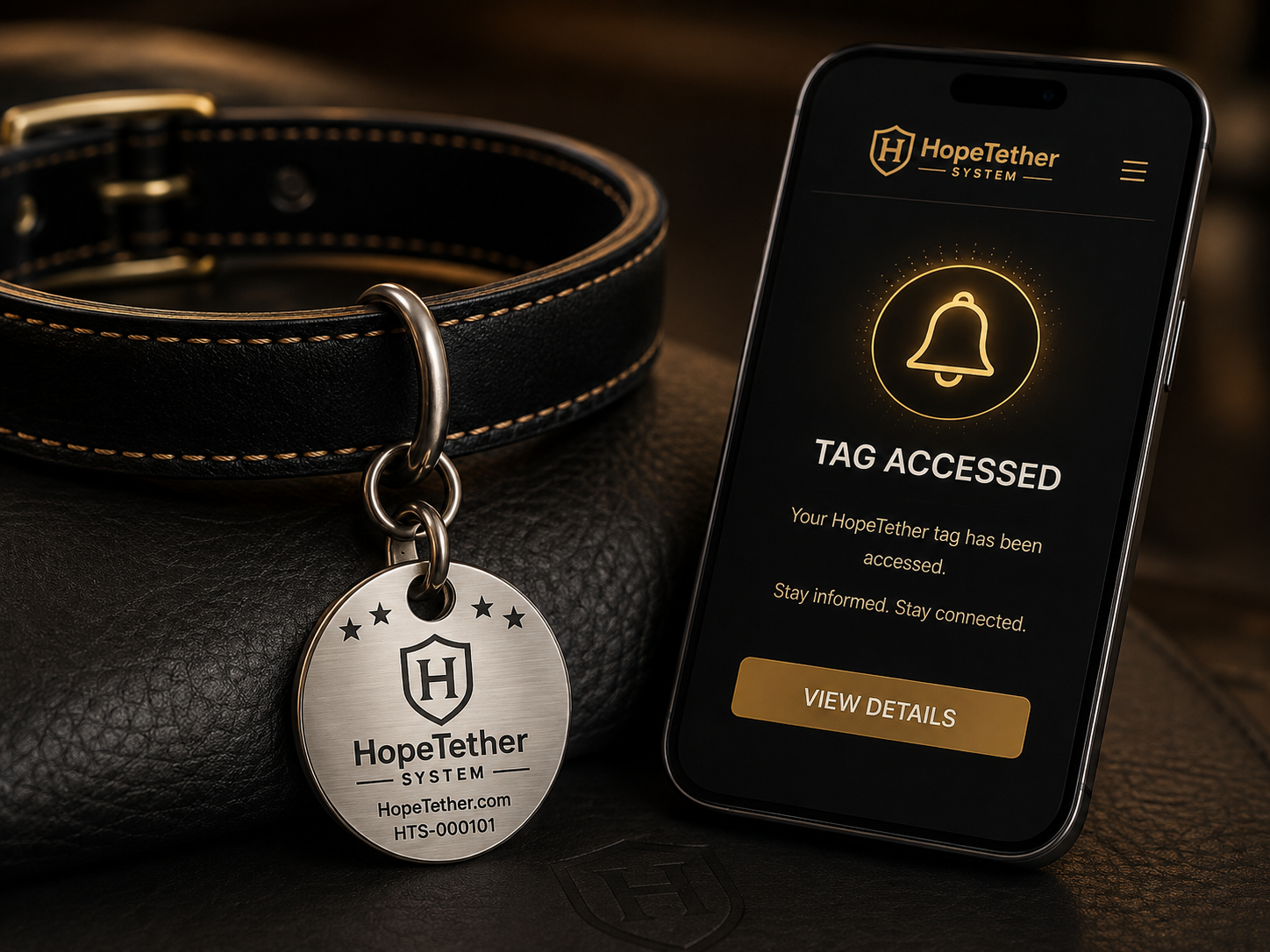 HopeTether Tag Access Alert visual showing a TAG scan leading to an Owner alert on a smartphone