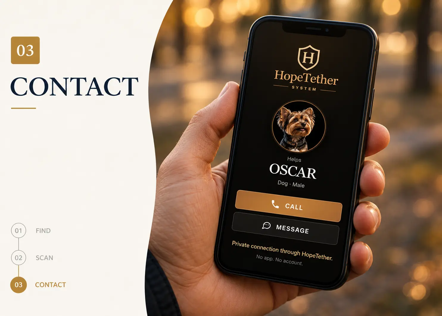 HopeTether contact screen showing CALL and MESSAGE for Oscar