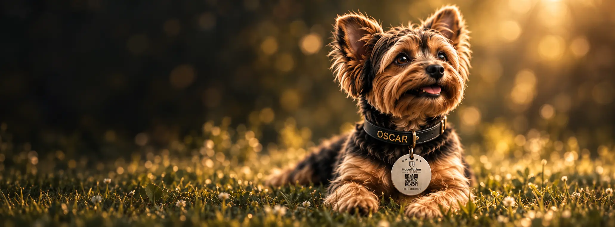 Oscar wearing his HopeTether TAG in golden evening light