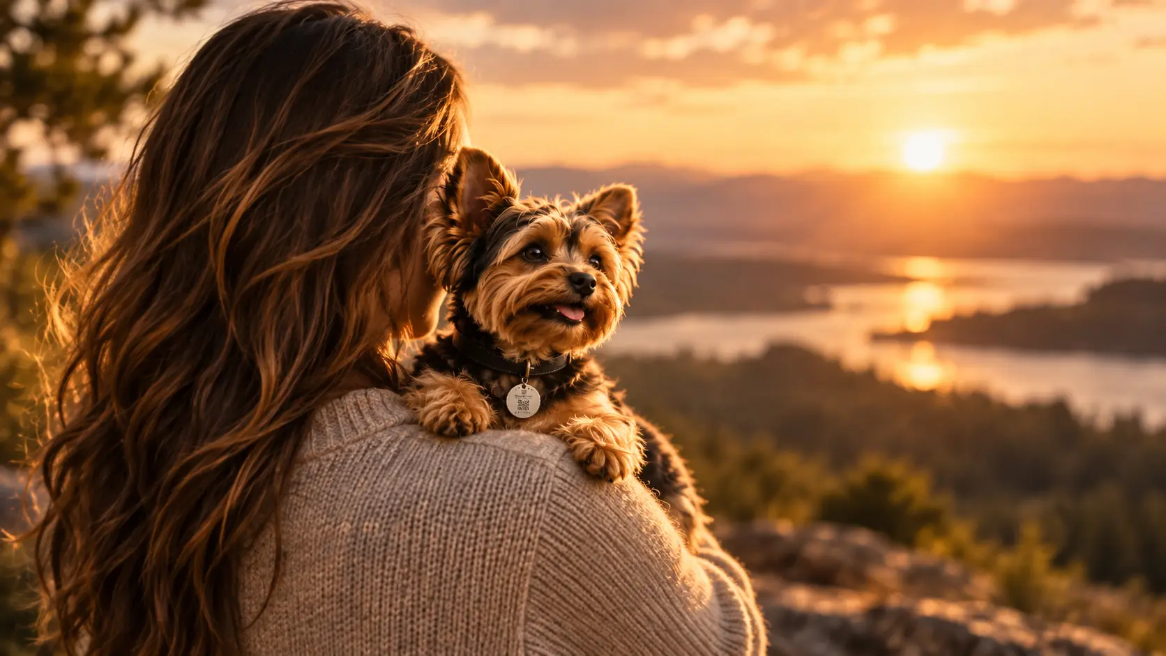 Oscar held safely by his Owner at sunset
