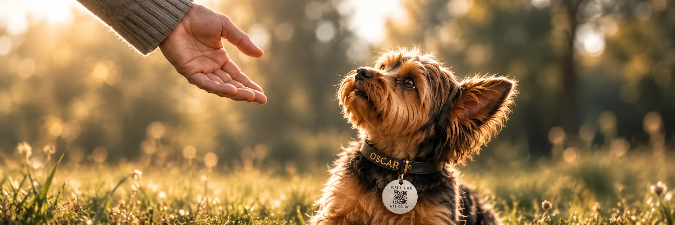A person reaching gently toward Oscar